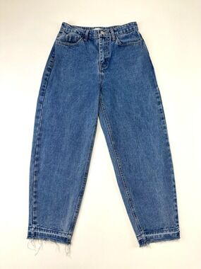 Oak + Fort Barrel Leg Jeans Small Cropped Raw Hem 100% Cotton Denim Minimal
